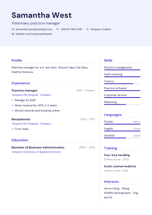 Veterinary practice manager resume template, Mercy design