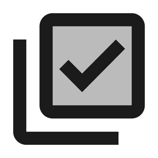 Twotone library add check icon, solid style, from Google Material Icons
