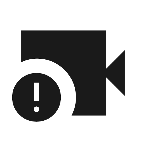 Videocam alert sharp icon, sharp-cornered style, from Material Symbols Light