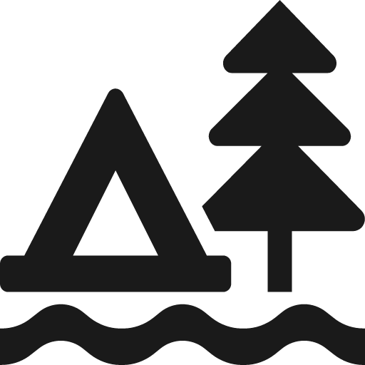 Campsite beside conifer tree above water icon, solid style, from Pinhead Map Icons