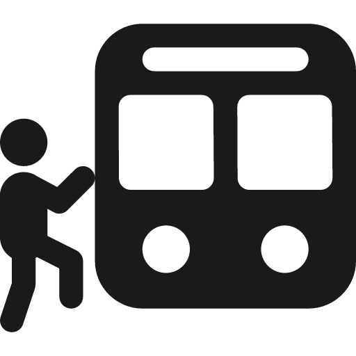 Person boarding transit vehicle with destination display icon, solid style, from Pinhead Map Icons