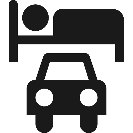 Person sleeping in bed above car icon, solid style, from Pinhead Map Icons
