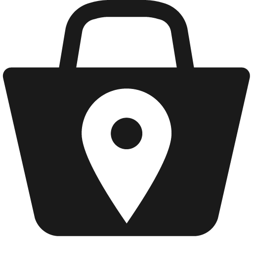 Shopping bag with map pin with dot icon, solid style, from Pinhead Map Icons