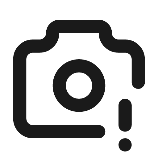 Camera exclamation icon, line style, from Tabler Icons