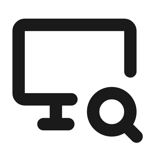 Device desktop search icon, line style, from Tabler Icons