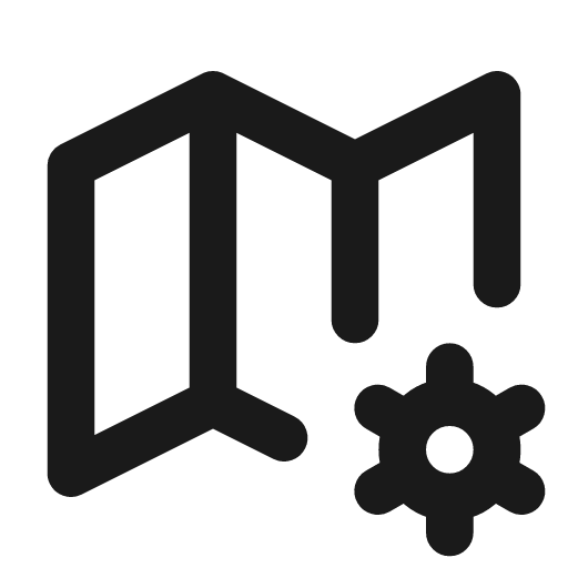 Map cog icon, line style, from Tabler Icons