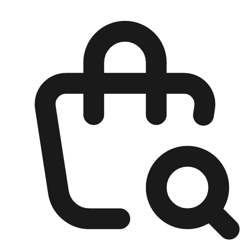Shopping bag search icon, line style, from Tabler Icons